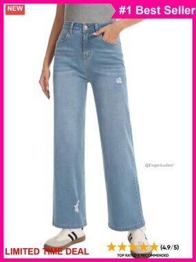 High Waisted Wide Leg Baggy Jeans Ripped Stretch Denim Pants
